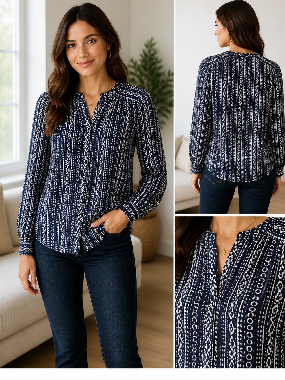 Tory Burch Navy White Print Silk Blouse Boho Workwear Size 4 EUC